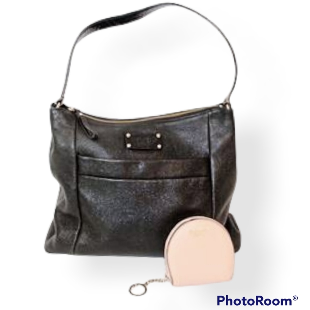 Kate Spade Black Leather Shimmer Bag / Purse + KS Pink Wallet.